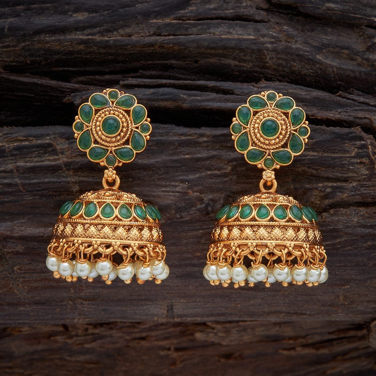 Antique Jhumki Earring Gold Polish Green Colour